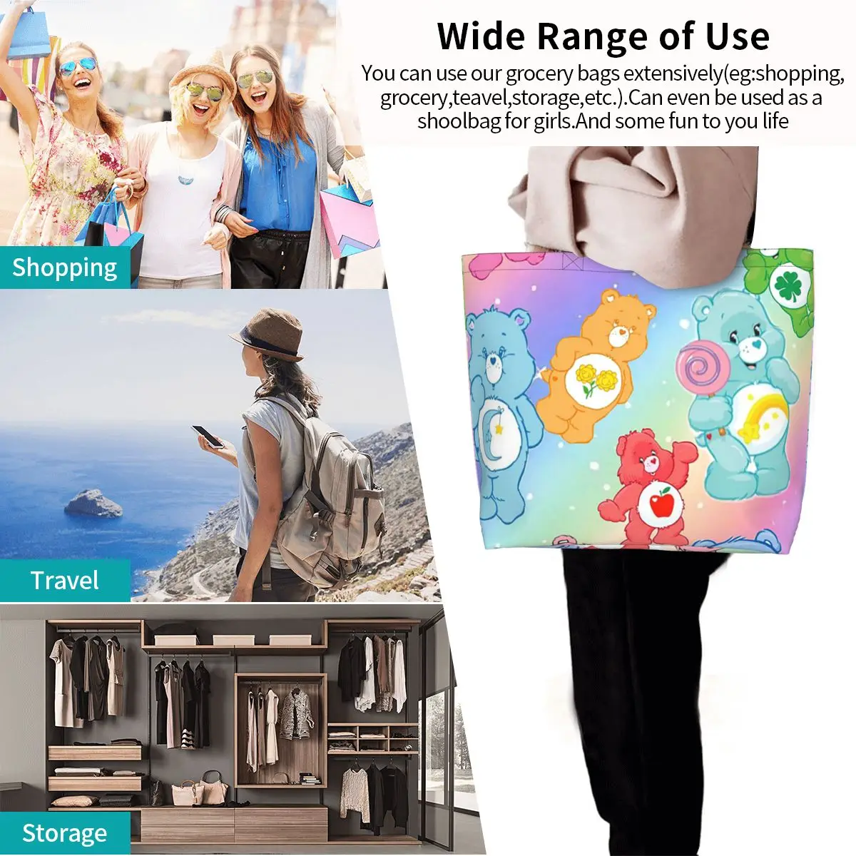 Care Bears Rainbow Bears Group Line Up Cartoon Shopping Tote Bag حقائب كتف من القماش للمتسوقين حقيبة يد للنساء