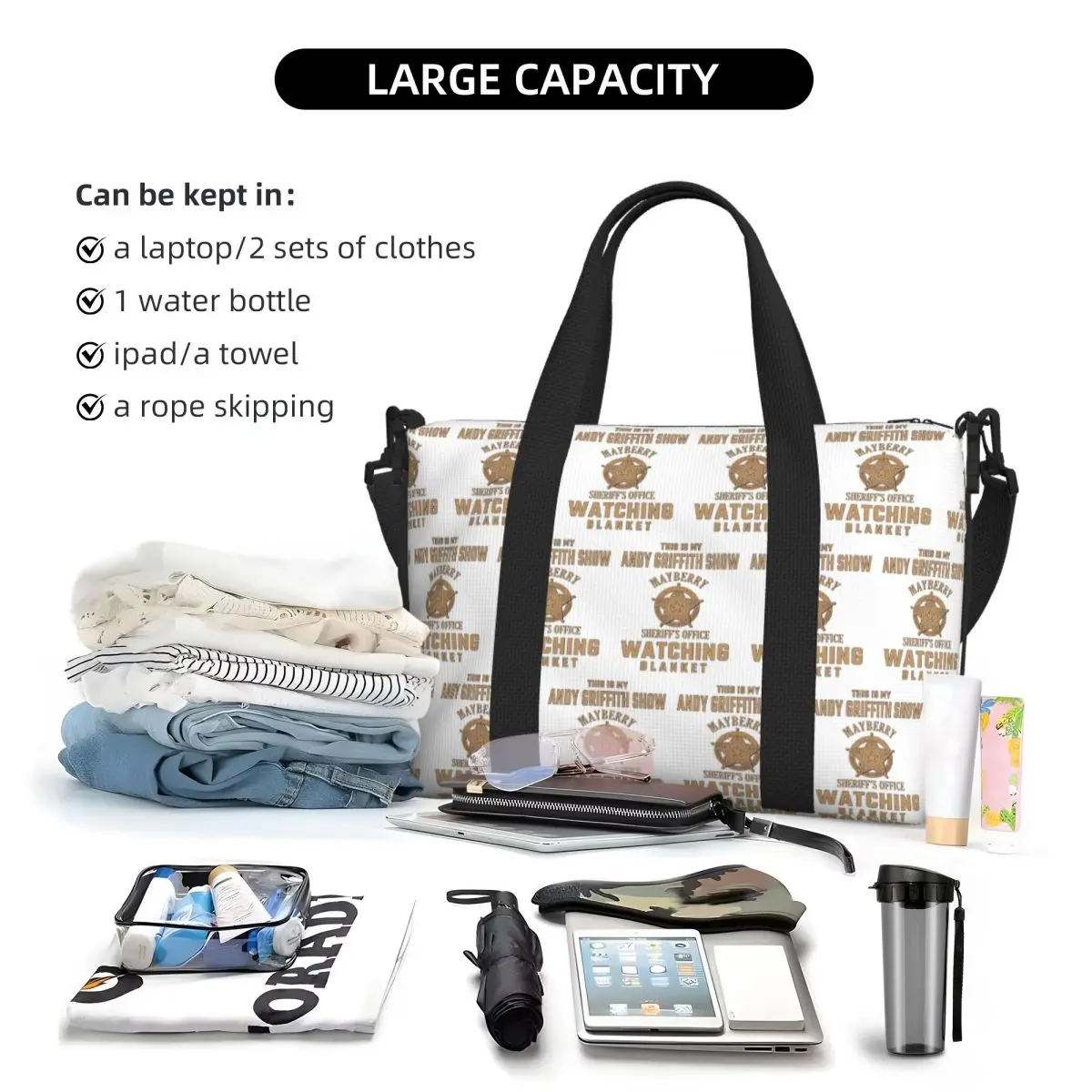 Custom This Is My Andy Griffith Show Beach Travel Bag Large Capacity Tote Bags for Gym Sport Women Shopping Duffle Shoulder Bag view 5