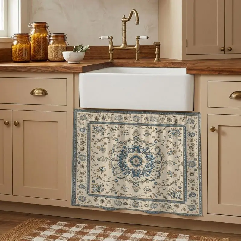 VIKAMA Vintage Mandala Floral No Drill Cabinet Curtain Hook Loop Under Sink Skirt Open Shelf Kitchen Decor Curtain