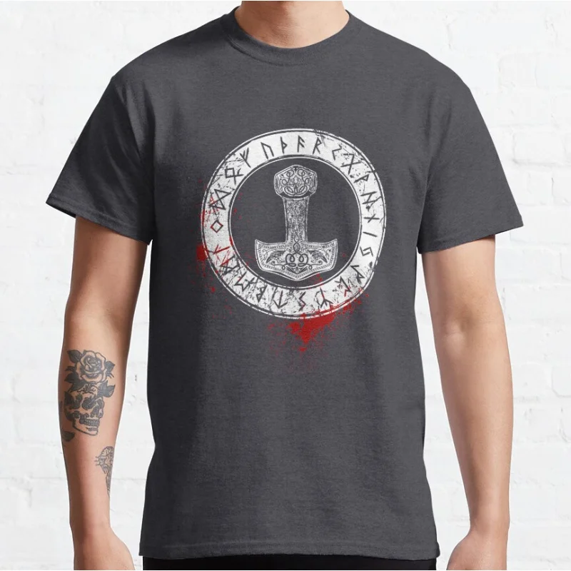 Thor's Hammer and Runes Viking Norse Mythology Nordic rune valhalla Short-sleeve crewneck T-shirt Large size Adult S-6xl Tops