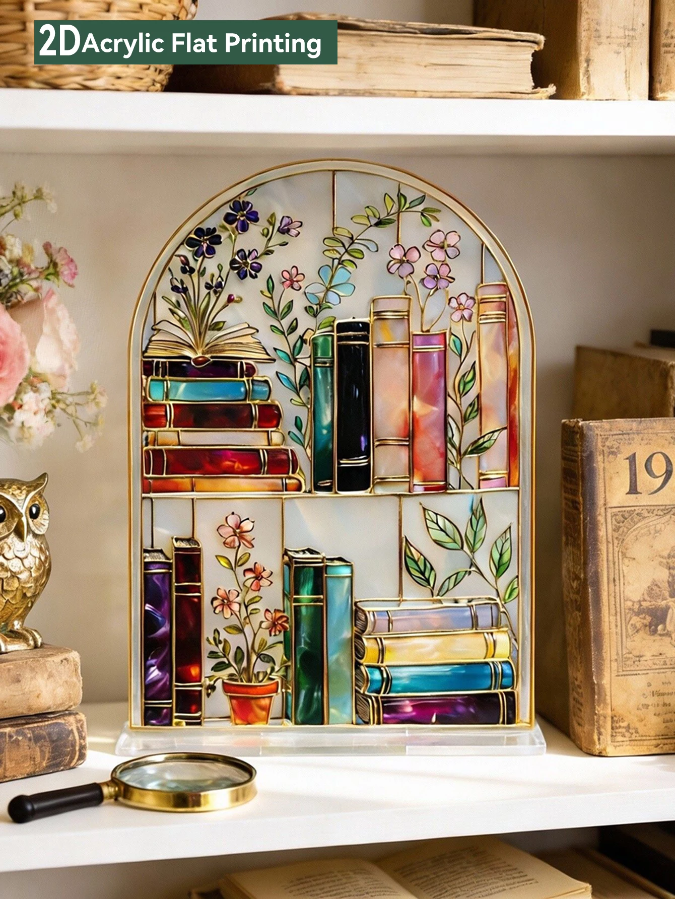 Décoration d'étagère en acrylique 2D, bibliothèque arquée avec fleurs, ornements de bureau, signe d'art coloré pour table, cadeau pour le bureau et la maison