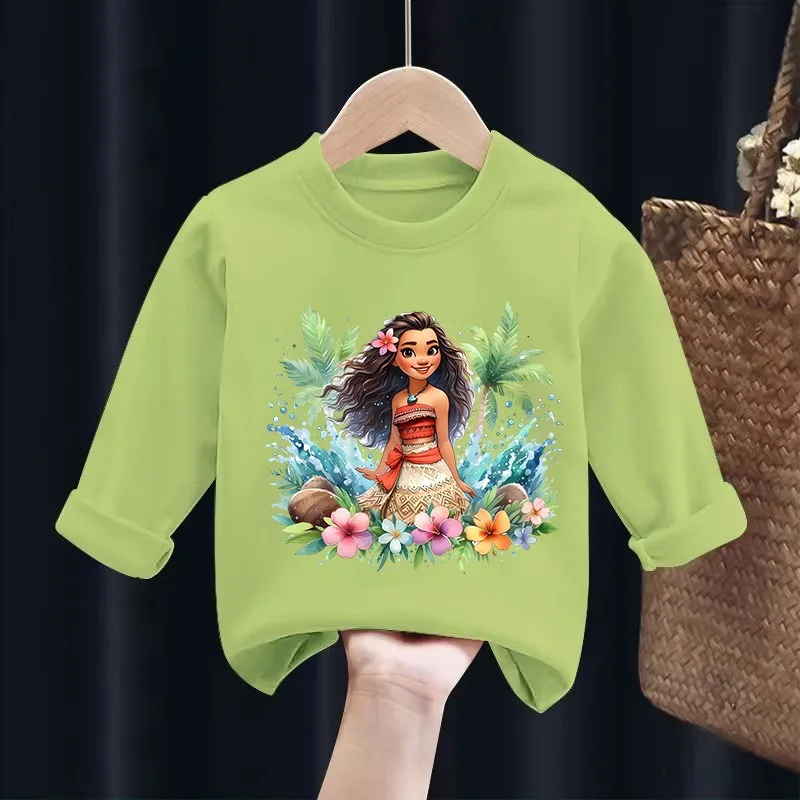 Moana Girls Clothes Round Neck Long Sleeves Disney Cartoon Anime Children Shirts Kawaii Leisure Boys Spring Kids T-shirts Gifts