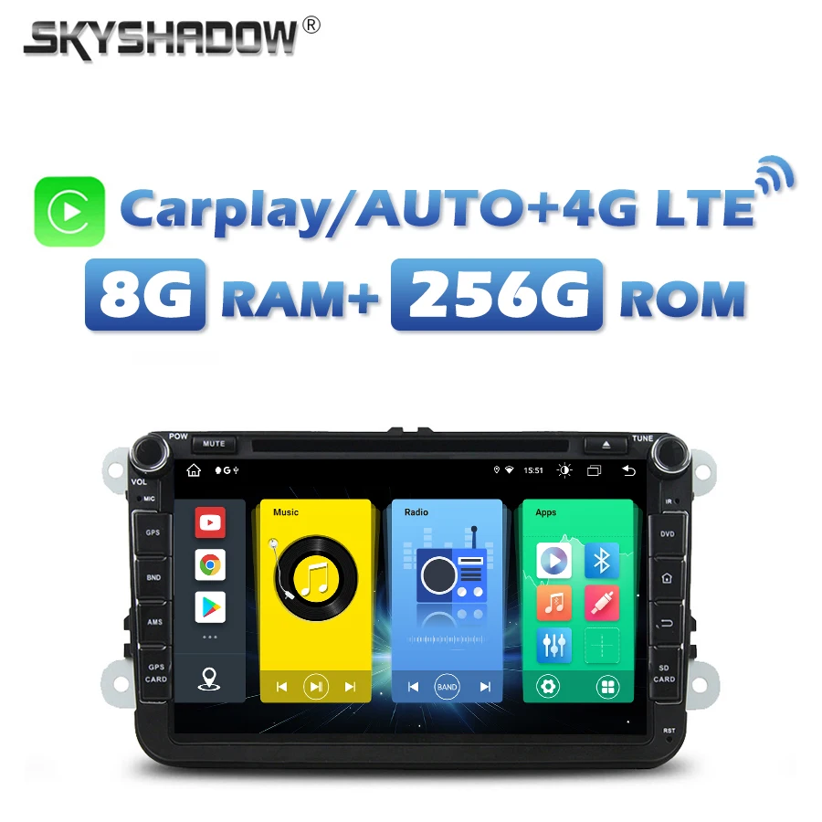 

720P 4G SIM Bezprzewodowy samochodowy odtwarzacz DVD Carplay Android 13.0 8GB+256GB GPS RDS Radio wifi Bluetooth dla VW PASSAT Tiguan Skoda Leon