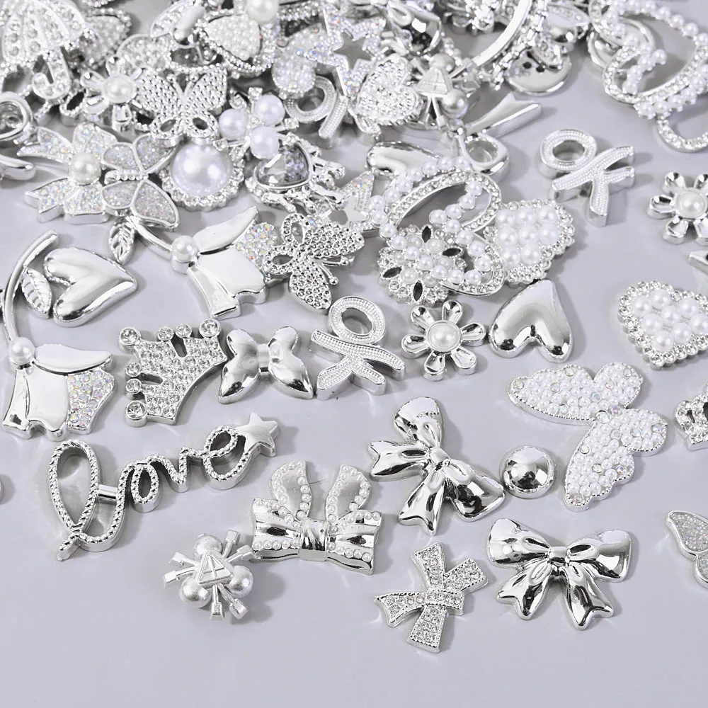 Random Silver Color Shiny Rhinestone Pearl Mix Plastic Charms