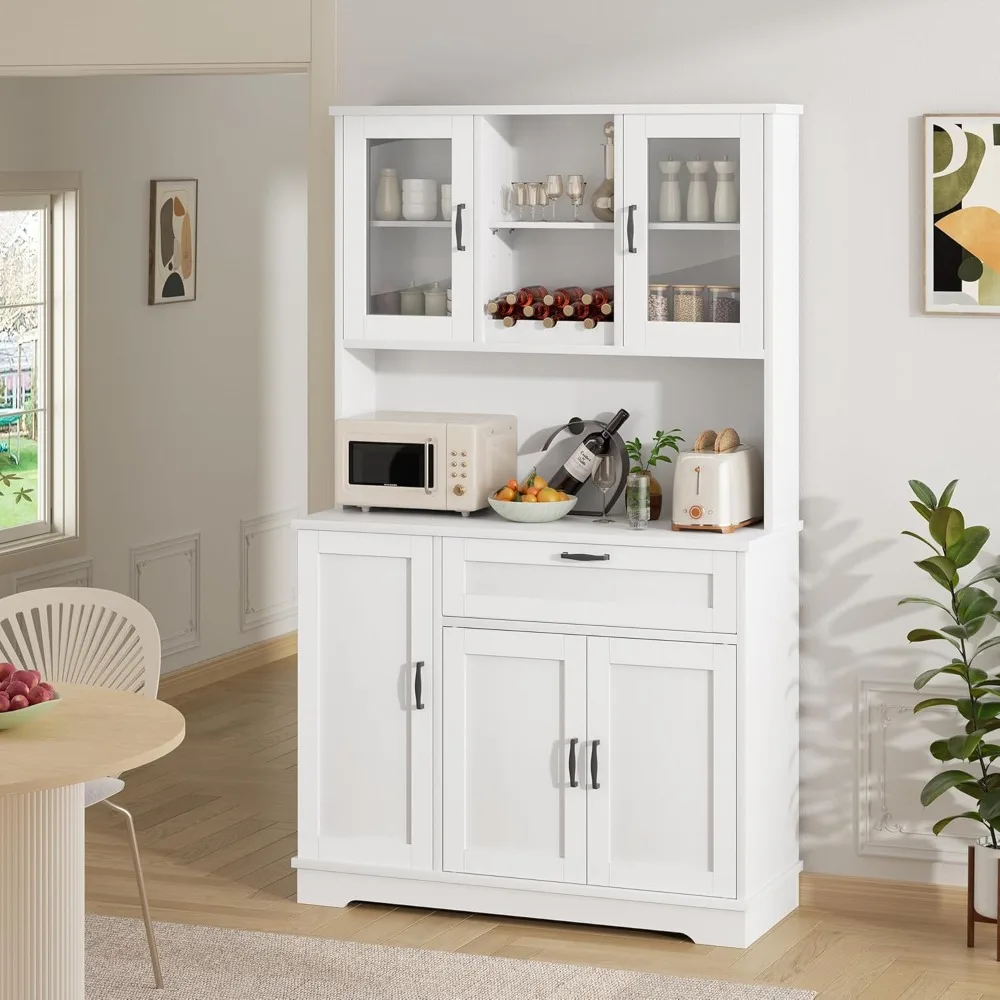 خزانة تخزين مخزن المطبخ، خزانة بوفيه قائمة بذاتها مع حامل ميكروويف و4 أرفف أبواب، خزانة مطبخ مع أبواب، إعلان