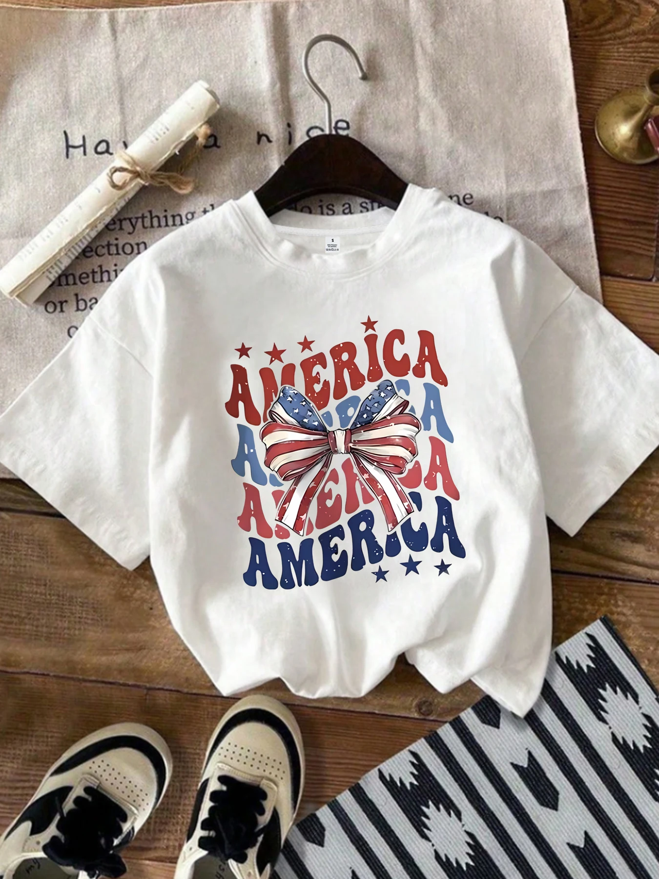 

Bow Plus size women's round neck short sleeve T-shirt with elastic half sleeves and trendy prints
