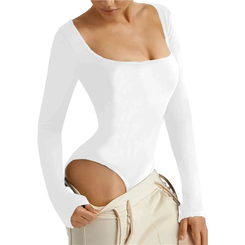Women Solid Square Neck Full Long Sleeve High Stretch Figure-Hugging Basic Bodysuit White M Eco-Friendly