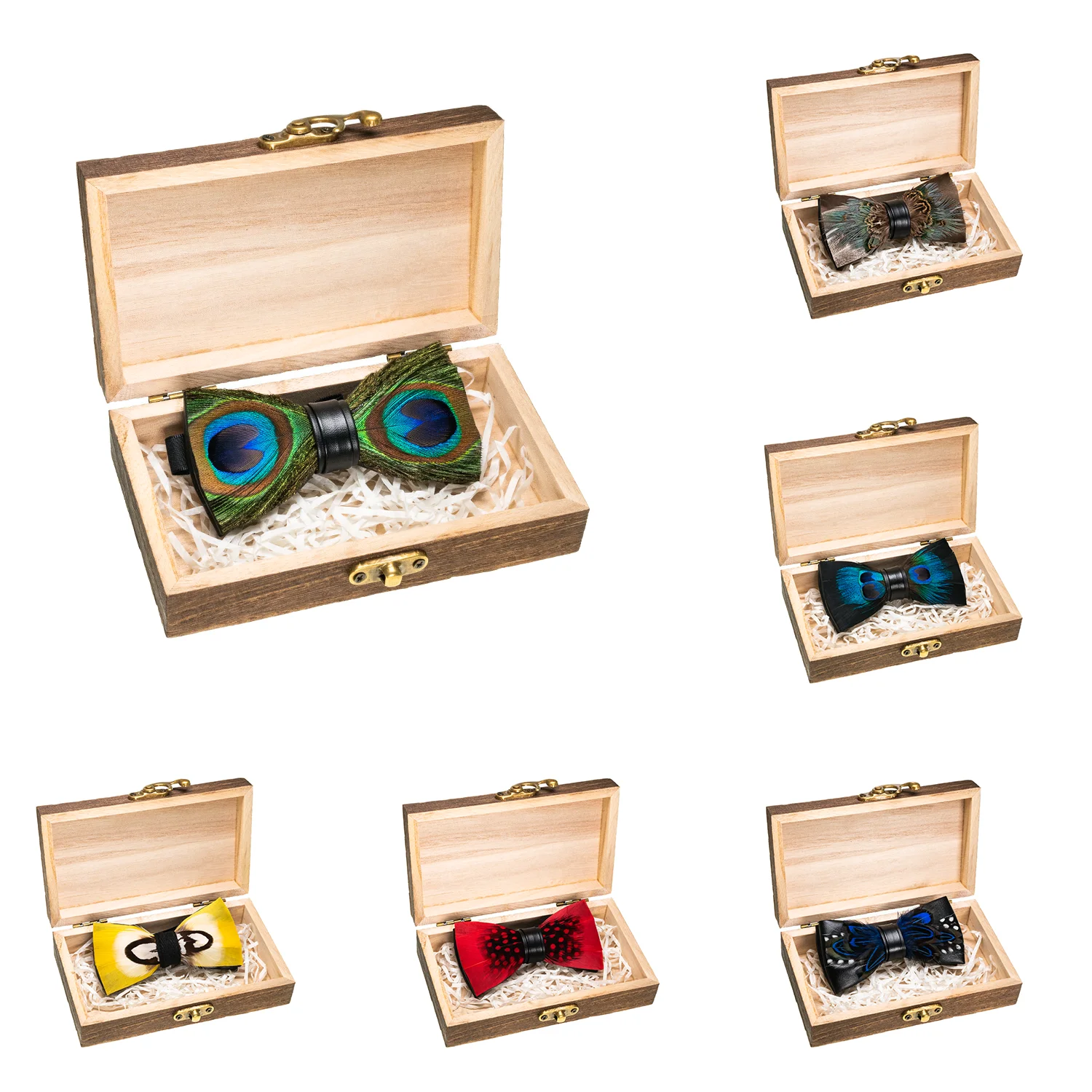EASTEPIC Stylish Golden Bow Ties for Men Children\'s Accessory Adjustable Strap Wooden Box Wedding Party Natural Peacock Feather