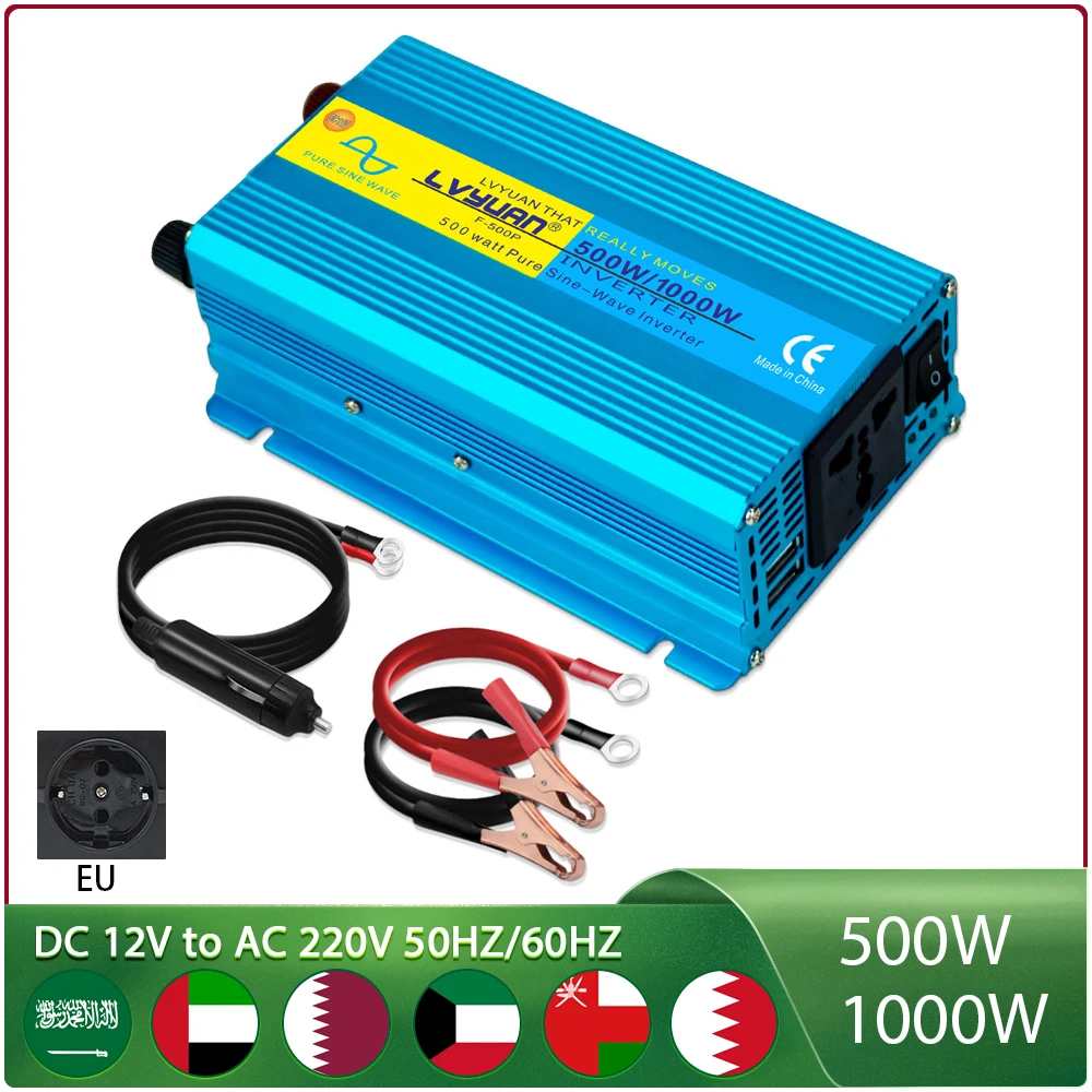 Inversor de onda sinusoidal pura cc 12V, 500W/1000W, alta potencia para coche, CA 220V, voltaje 50/60HZ, convertidor, transformador Solar