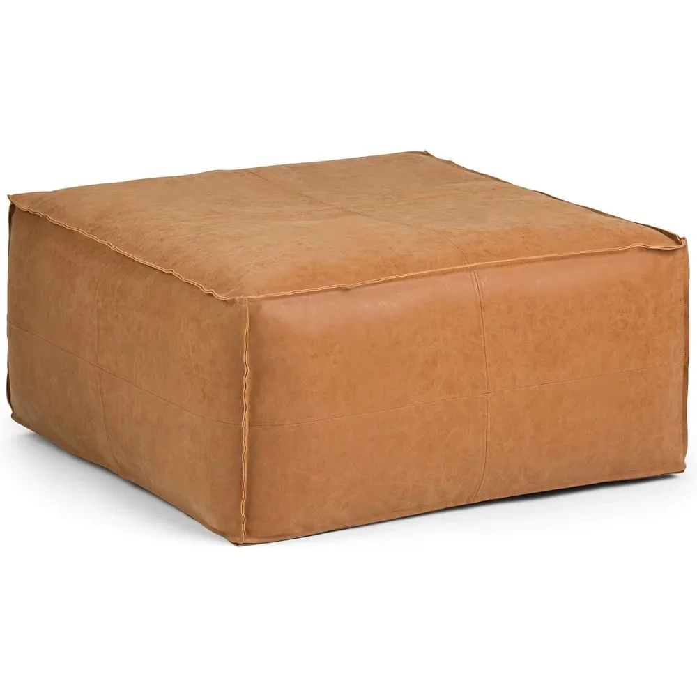 Square Bag, Footstool, Decorated with Tattered Brown Synthetic Leather, Suitable for Living Room and Bedroom, Bohemian Style