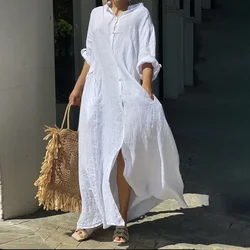 2024 Spring Cotton Linen Oversize Women Dress Long White Button Loose Dresses Female New Casual Trendy Elegant Ladies Clothes