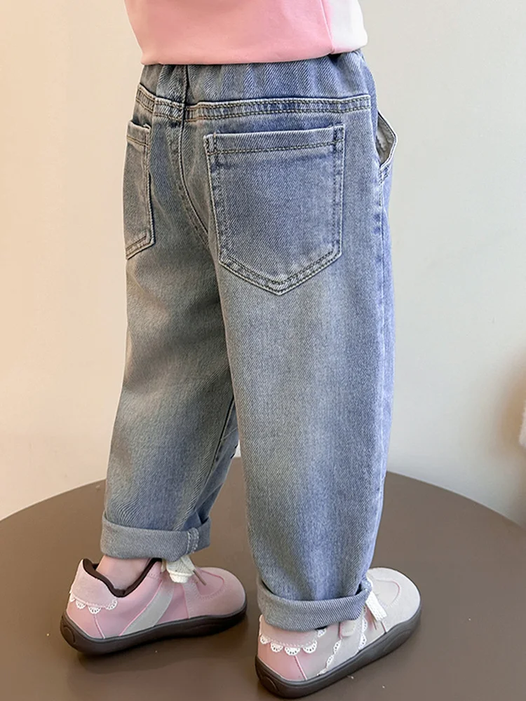 Spring Faion Girls Loose Casual Jeans High Waist Straight Leg  Embroidery Trendy Kids Knee Denim Pants Asymmetrical