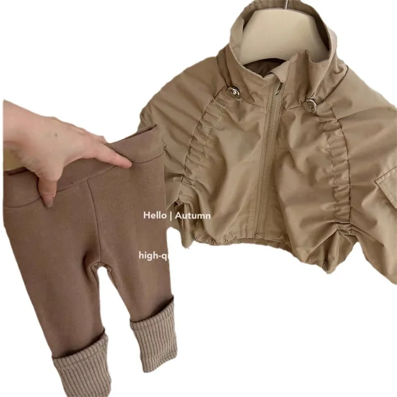 LILIGIRL Zweiteiliges Set für Babys, Khaki-Jacke mit braunen Leggings, Freizeitkleidung für Kleinkinder für Frühling und Herbst