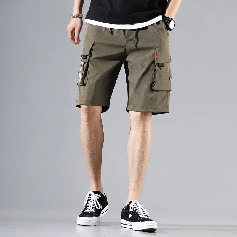 Calção japonês de carga masculino, cordão solto, calça reta de bolso múltiplo, tendência de rua hip-hop, esportiva, casual, ao ar livre, verão, 2024