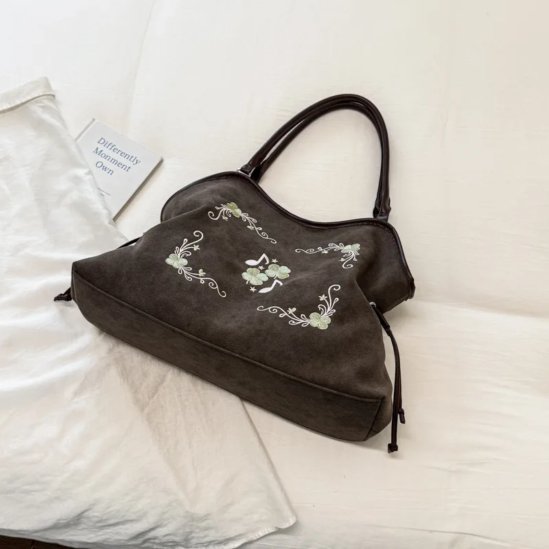 Koreanische Umhängetasche mit Kordelzug, ethnische Blumen- und Musiknoten-Stickerei, große Handtasche für Damen, Vintage-Handtasche für den Winter. – Detail 15
