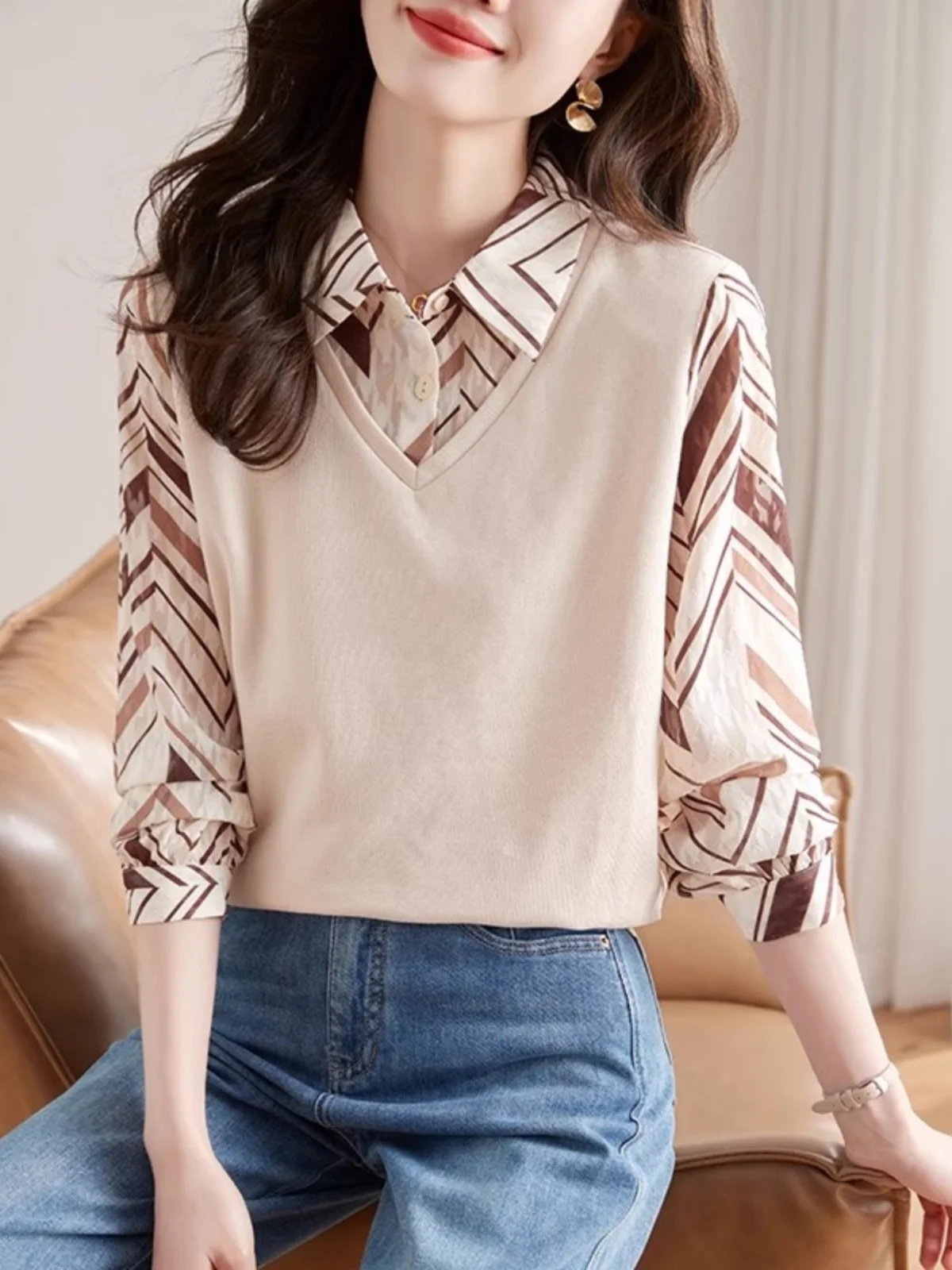 

Женская рубашка с длинным рукавом и пэчворком, весна-осень-зима, приталенная, универсальная, из смесового полиэстера и спандекса, с круглым вырезом