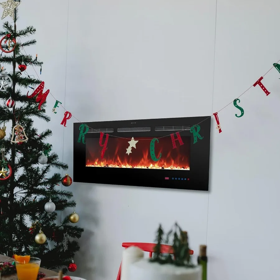 Inserção de lareira elétrica montada na parede de 50 polegadas de largura com efeitos de chama realistas de 13 x 13, temporizador e termostato de operação de baixo ruído