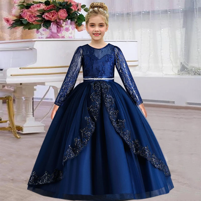 Girls\' New Long Sleeve Sequin Lace Long Dress Birthday Graduation Party Girls\' Wedding Dress Prom Evening Dress 4-12 Years Old