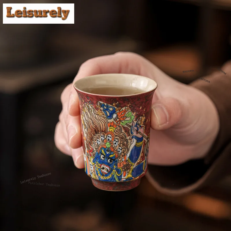 

60ml Plant Ash Thangka Hand Painted Mahakala Teacup Retro Tea Bowl Cup For Tea Tea-tasting Smelling Cup Chazhan Master Cups Cafe
