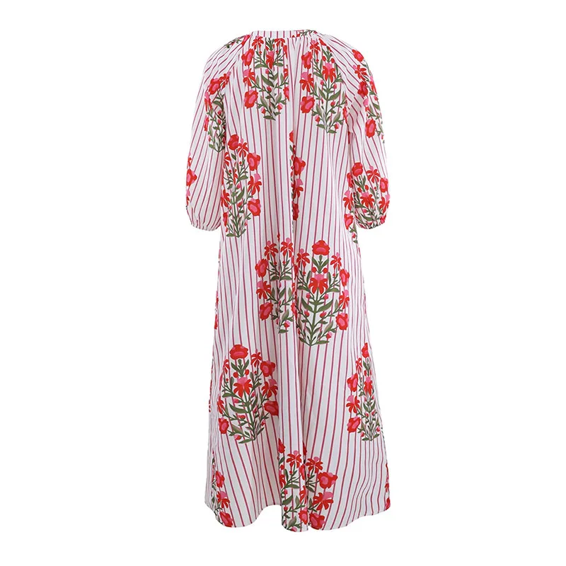 Sukienka damska w stylu retro z kwiatowym wzorem w paski, idealna na wakacje na plaży, wiosenna sukienka z dekoltem w serek, luźna sukienka boho, długa sukienka jesienna z rękawami 3/4, damska sukienka wkładana przez głowę.