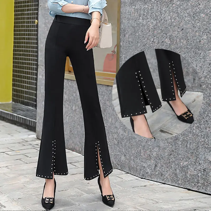 

Spring New High Waist Lace Flare Pants Black Plus Size Elastic Waist Slit Hem Wide Leg Trousers Elegant Fashion Women Clothing