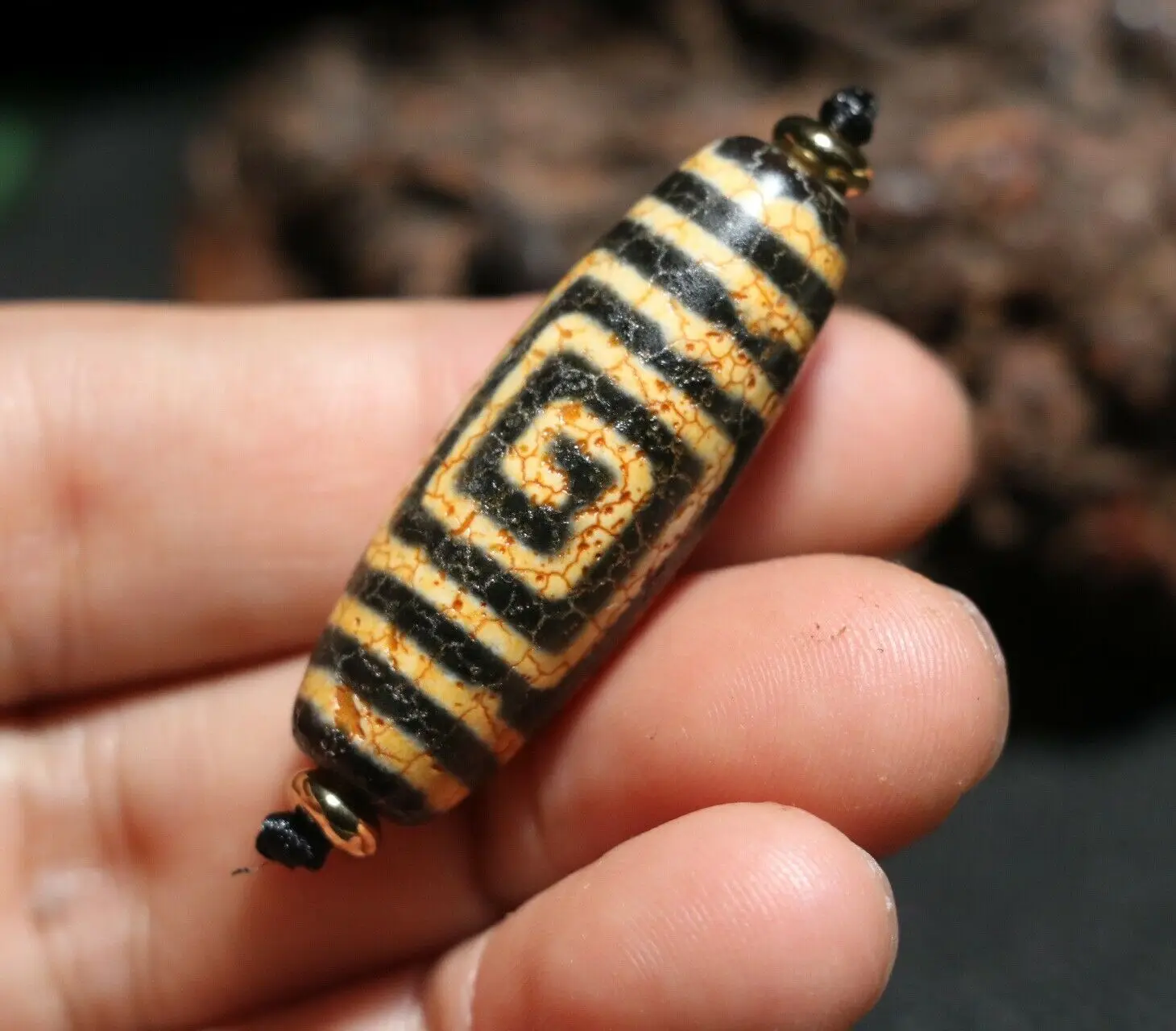 Royal Tibetan Old Vertically vein ENDLESS Love Happiness Totem dZi Bead Pedant A Amulet Talisman Treasure