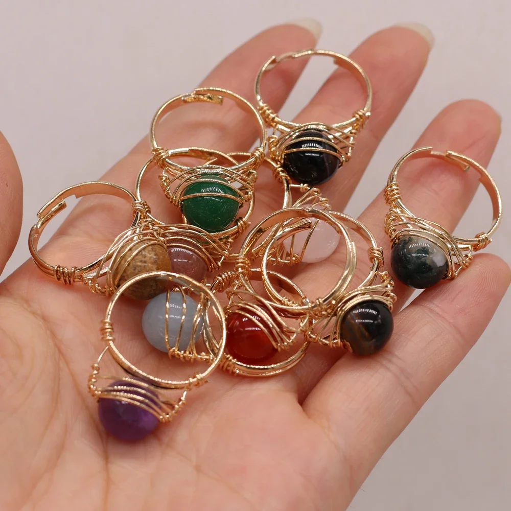 Natural Gems Stone Fashion Wire Wrapped Rings Reiki Healing Amethyst Agate Jade Tiger Eye Stone Resizable Ring Wedding Jewelry