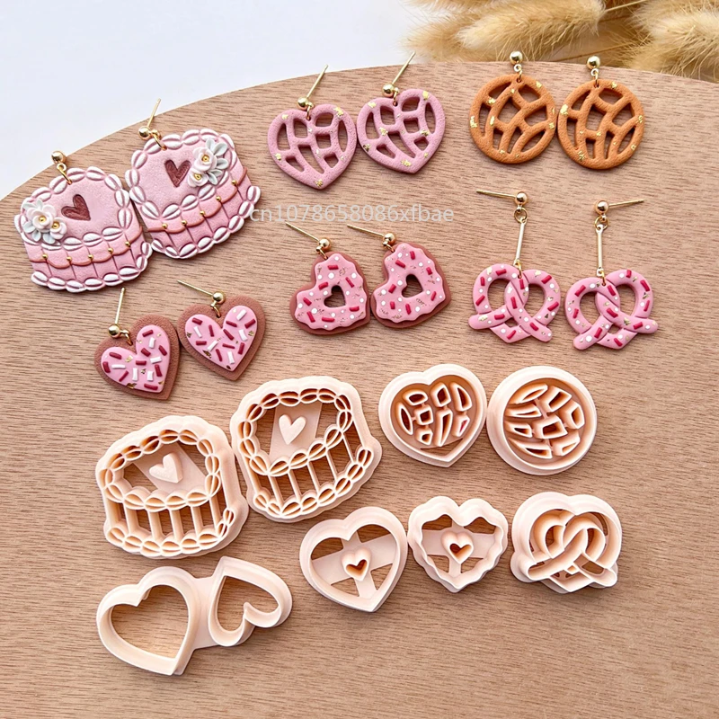 Valentine\'s Days Polymer Clay Cutters Heart Shaped Cookie Pottery Clay Mold Cute Earrins Dangle Concha Cake Pretzel Making Tools