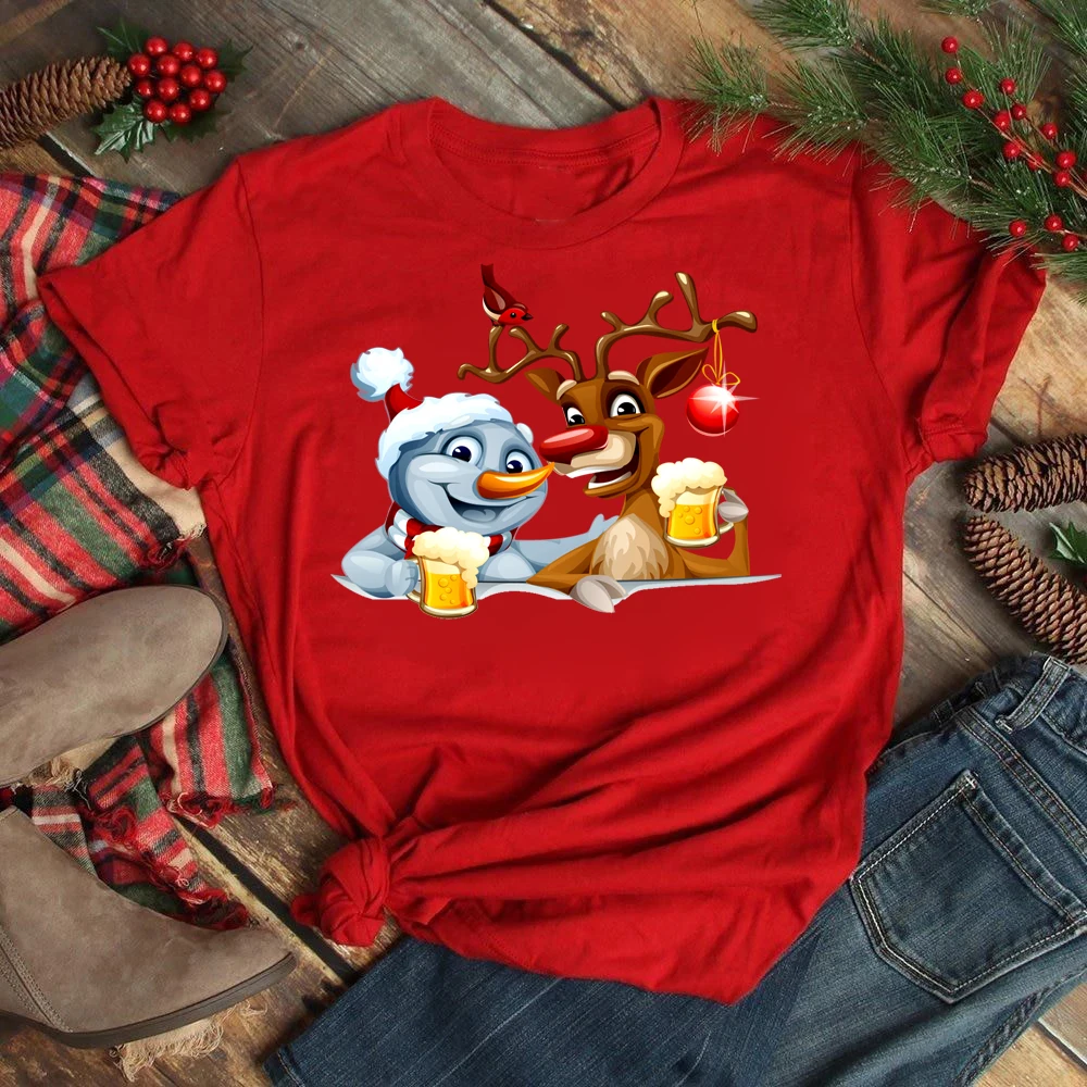 Funny Santa Claus with Christmas Elk Print Women T Shirt Casual Short Sleeve O-Neck Red Tshirt Ladies Y2k T-shirt Female