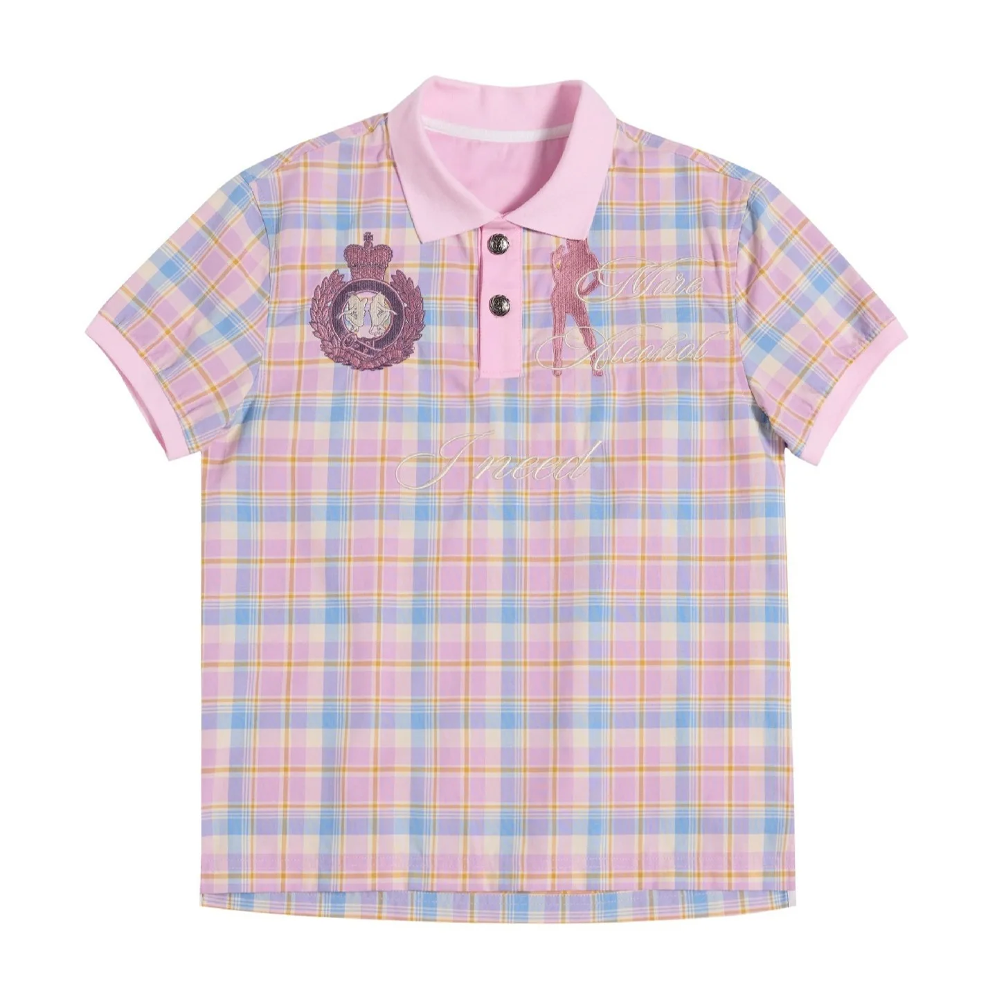 INS CONTRAST COLOR Plaid Polo Shirt Crown Embroidery Letter Print Lapel Short Sleeve Tee Y2K Vintage Casual Top Women's Clothes