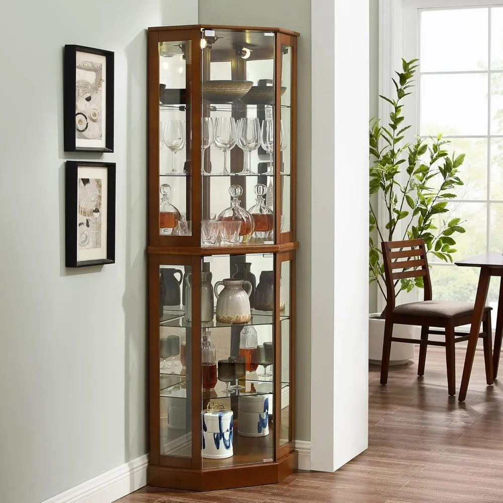 Lighted Corner Curio Display Cabinet with Doors, 6 Tiers Corner Curio Cabinet with Adjustable Tempered Glass Shelves