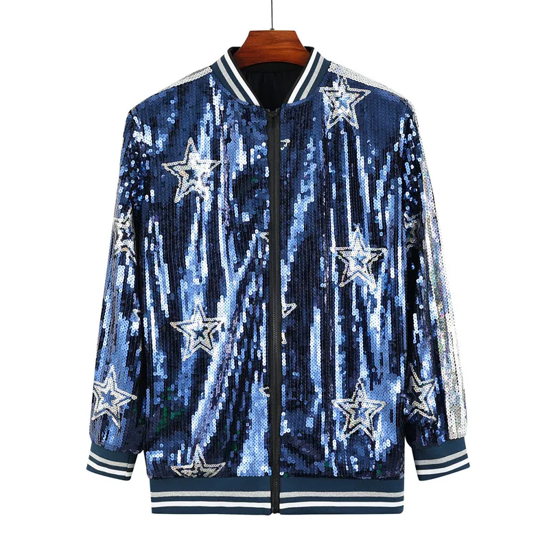 Spring Autumn New Sequined Women Long Sleeved Coat Simple Star Print Female Casual Loose Baseball Jacket Tops