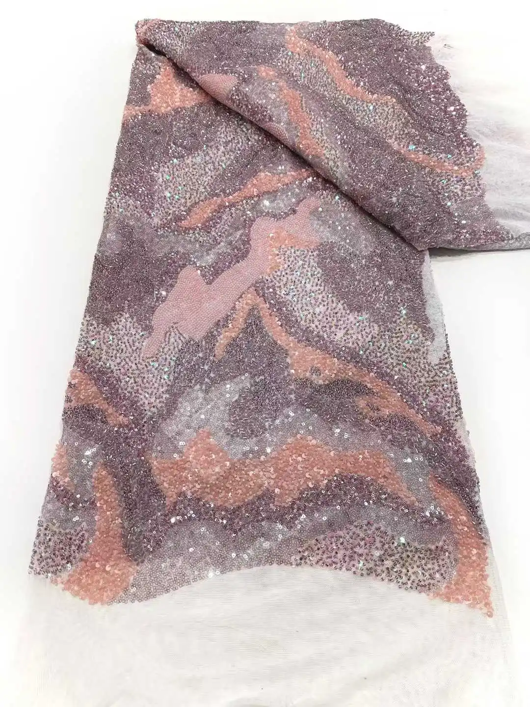 2025 African Nigerian High-Quality Sequins Tulle Lace Fabric for Prom Embroidery Dresses Beads Sewing Net Cloth 5Yards