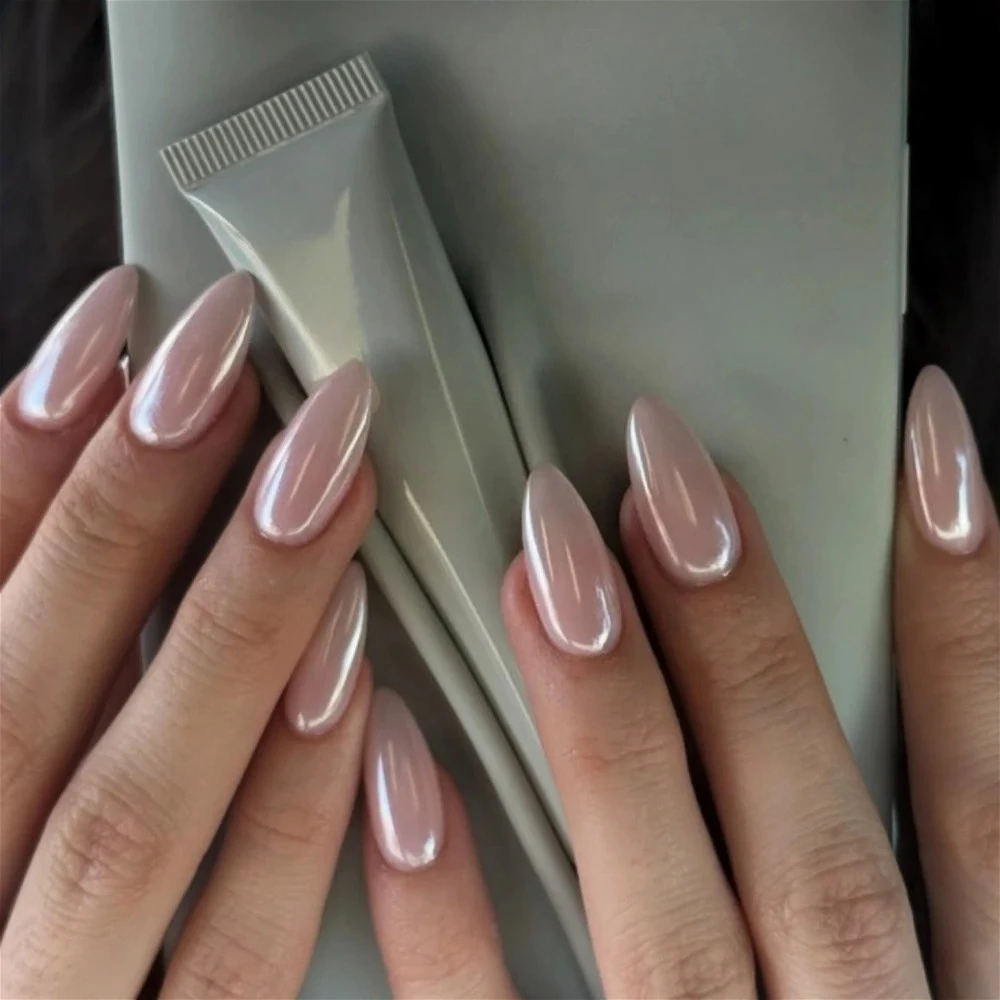 Simple French Aurora Pearlescent Almond Fake Nails Art Cat Eye Long Pointed False Nails Charms Glitter Powder DIY Press on Nails