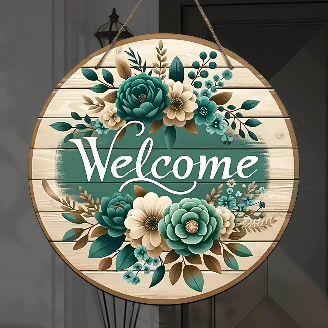 

Floral Wooden Welcome Sign - Round Hanging Decor for Home & Office, Creative Aluminum Style Wall Art