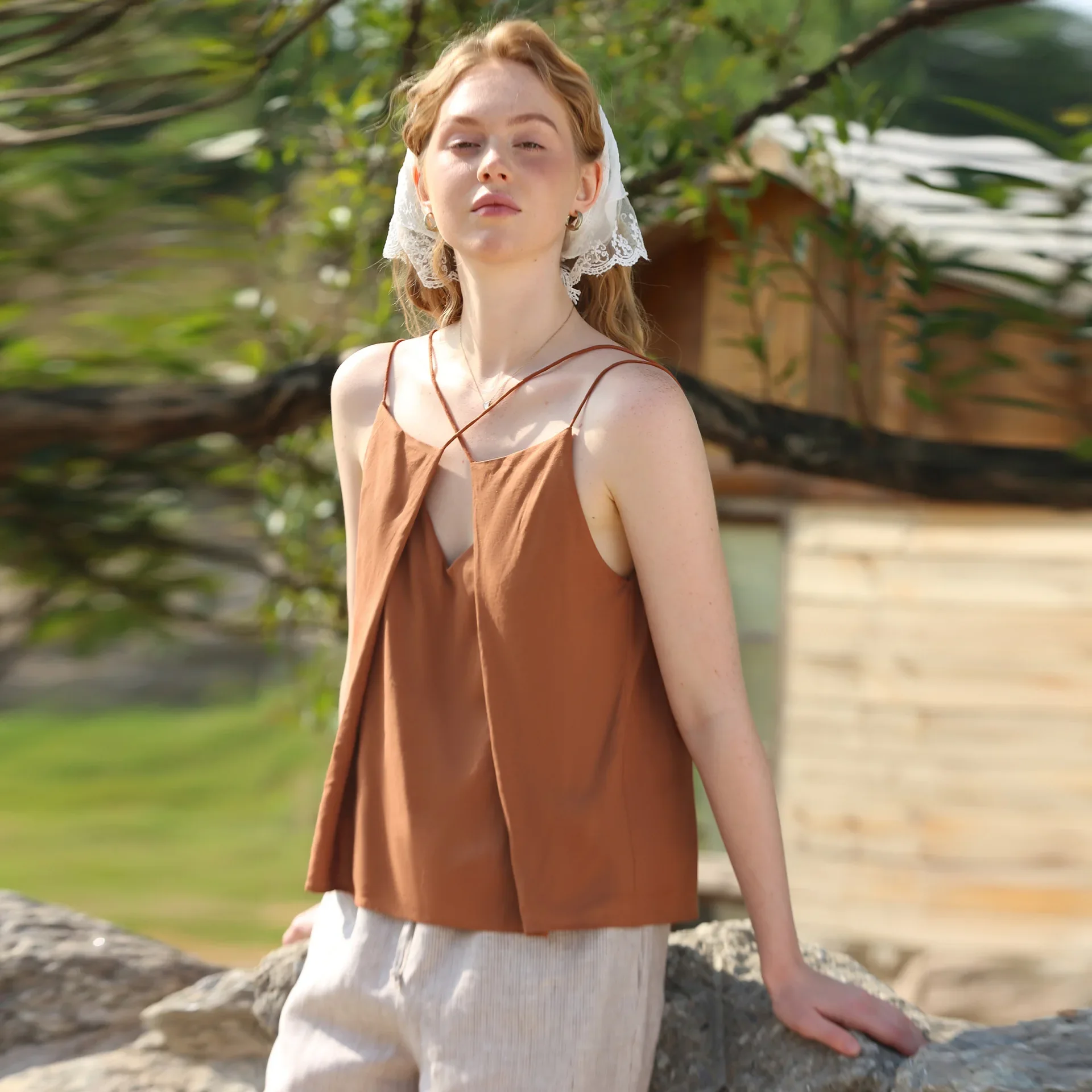 

Cotton Linen Crop Tops Women 2025 Solid Sleeveless Cross Bandage Sexy Halter Top Summer Holiday Beach Women Tops
