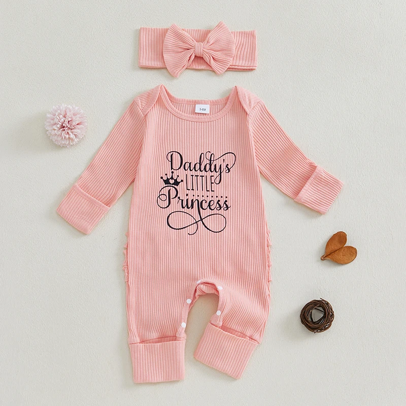 Baby Girl Bodysuits Letter Print Footie Ribbed Long Sleeve Fall Romper Bow Headband Outfits