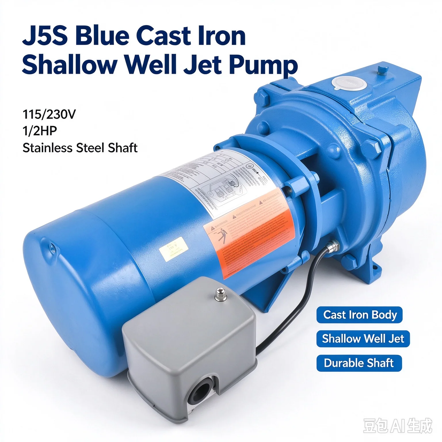 AP03 115/230V 1/2HP Blue Cast Iron Shallow Well Jet Pump, Stainless Steel Shaft J5S
