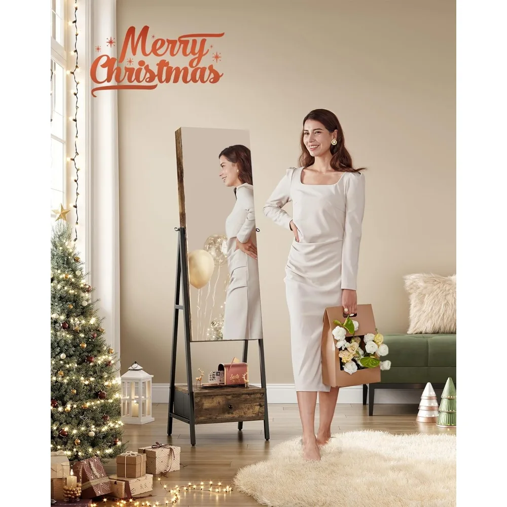 Gabinete de joyería LED con espejo de longitud completa, organizador de almacenamiento con cerradura, acabado marrón rústico para decoración del hogar que ahorra espacio