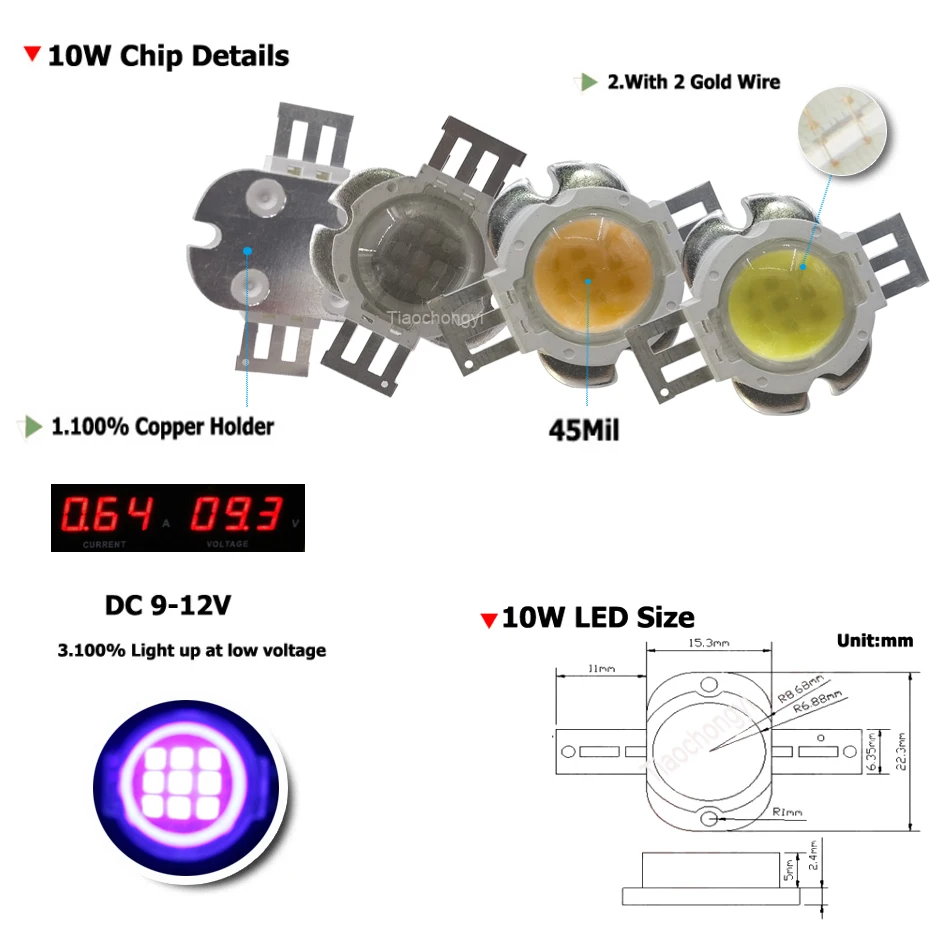 10W High Power LED chips Round LED 90 Angle Lens  Red Green Blue UV 365nm  405nm DC9-12V COB SMD Diode 45mil For LED Spotlight