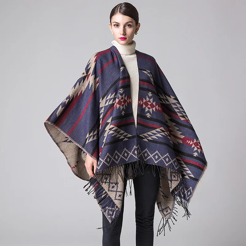 

Geometric Diamond Tassel Imitation Cashmere Autumn Winter National Style Travel Fork Cape Ponchos Capes Blue