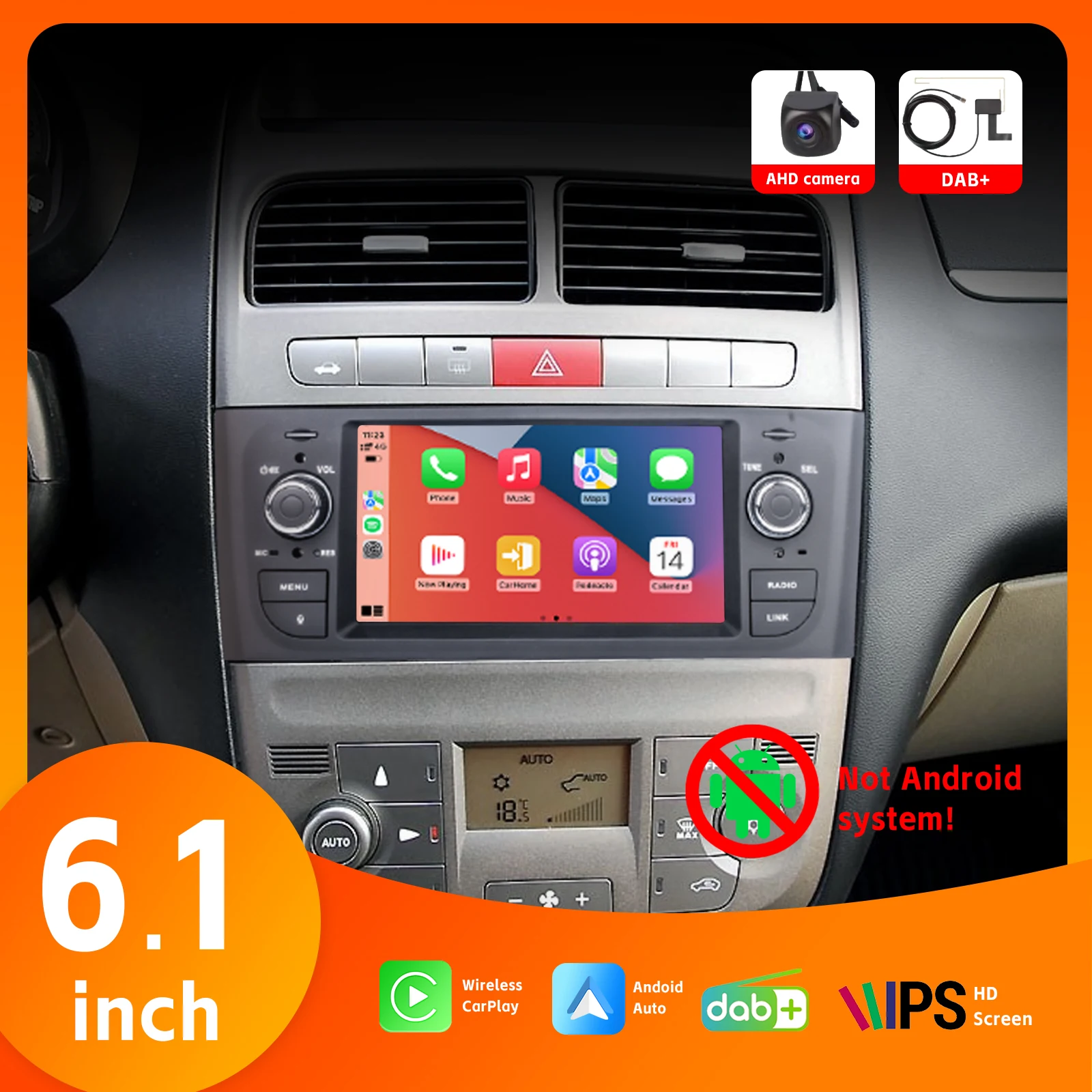 Car Radio with Wireless Carplay Android Auto DAB+ BT AHD Rear View Camera for FIAT Punto (2005-2011) with 6.1