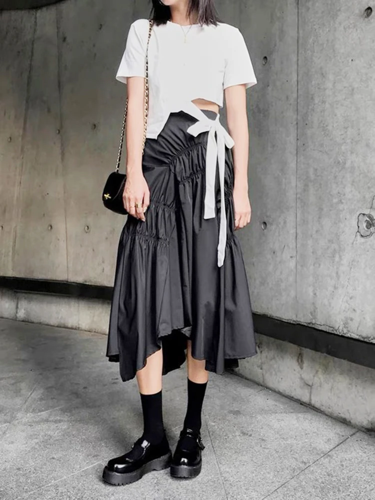 Qooth Women Ins Solid Color Pleated Asymmetrical A-line Skirt Casual High Waist Mid-length Long Skirt For Spring Summer QT2044