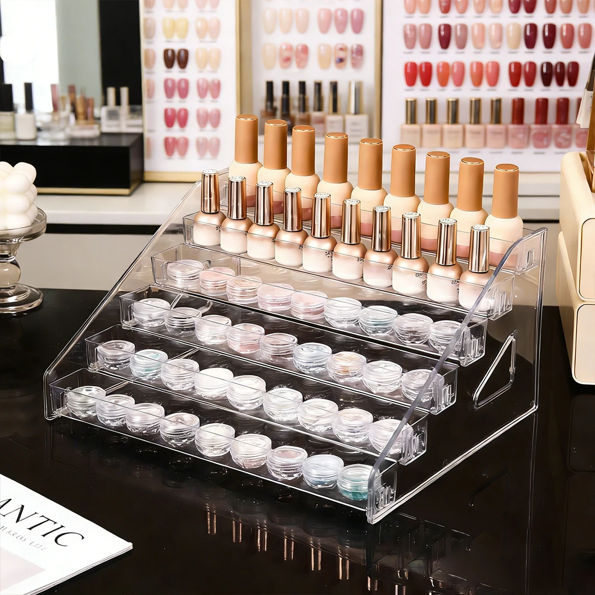 Support de présentation vertical transparent à boucle pour vernis à ongles, en acrylique étagé, pour parfum, rouge à lèvres, vernis à ongles, gel, finisseur de vernis à ongles