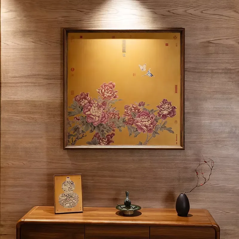 Peony Traditional Chinese Painting Brass Handmade Hanging Wall Decor for Entrance/Hall/Living/Dining Rooms Customizable Mural