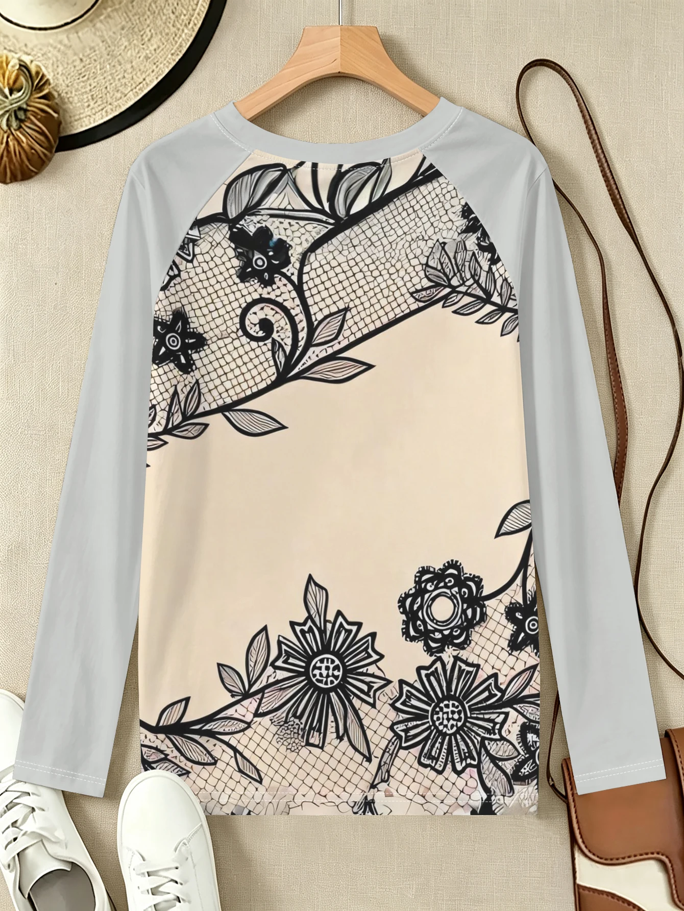 Kaos Wanita 2026 Berbahan Lace - Printed Floral Shirt ulasan dan harga