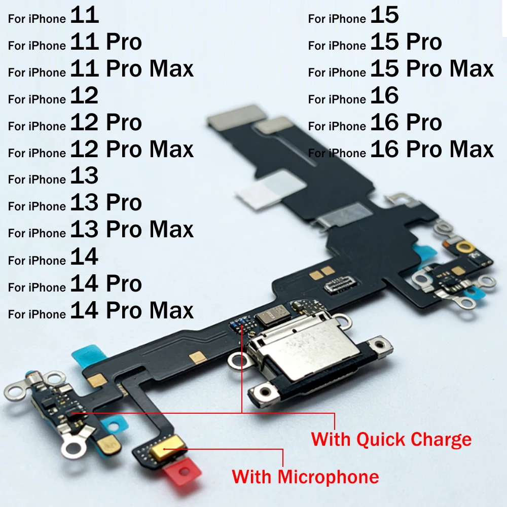 

Dock Connector USB Charger Charging Port Flex Cable Microphone Board For iPhone 11 12 13 14 15 16 Pro Max Plus Mini X XS XR Max