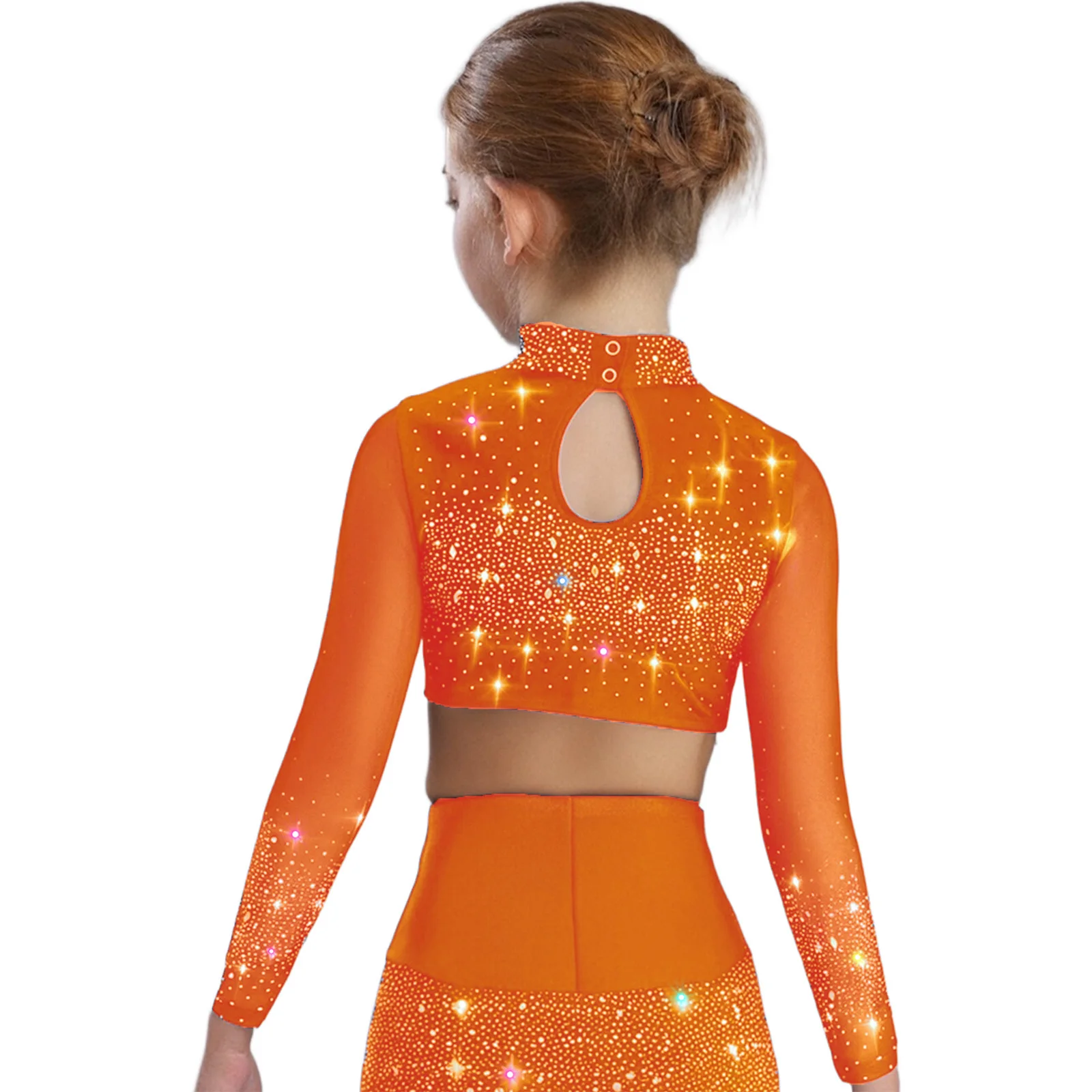 Top da ballo lirico per bambina, collo a lupetto, maglia trasparente, manica lunga, buco della serratura sul retro, strass lucidi, top corto, costume da ginnastica per balletto