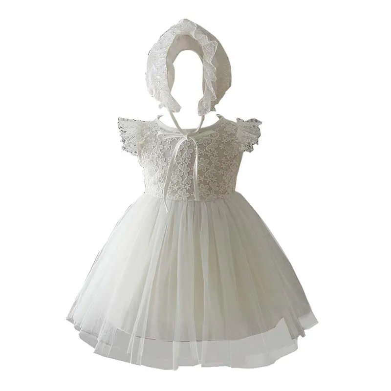 Baby Girl's Wedding Dress +Hat 0-3 6-9M Baptism Christening Dresses Flower Girl White Tulle Vestidos Baby Birthday Sets 12M