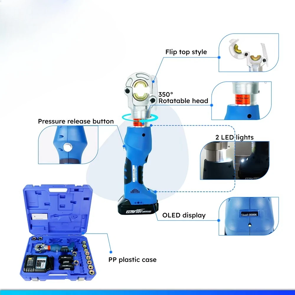 18V Mini Battery Hydraulic Crimping Tool 6T 360° Rotary Head with Smart Chip, Suitable for Copper/Aluminum Terminals